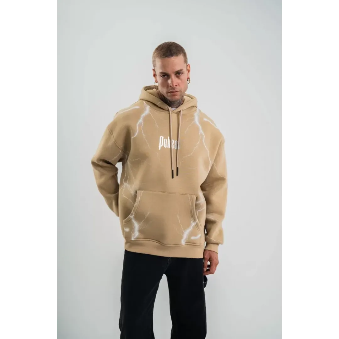 Double Oversize Kapşonlu Şimşek Pano Baskılı SweatShirt - Bej - 129894
