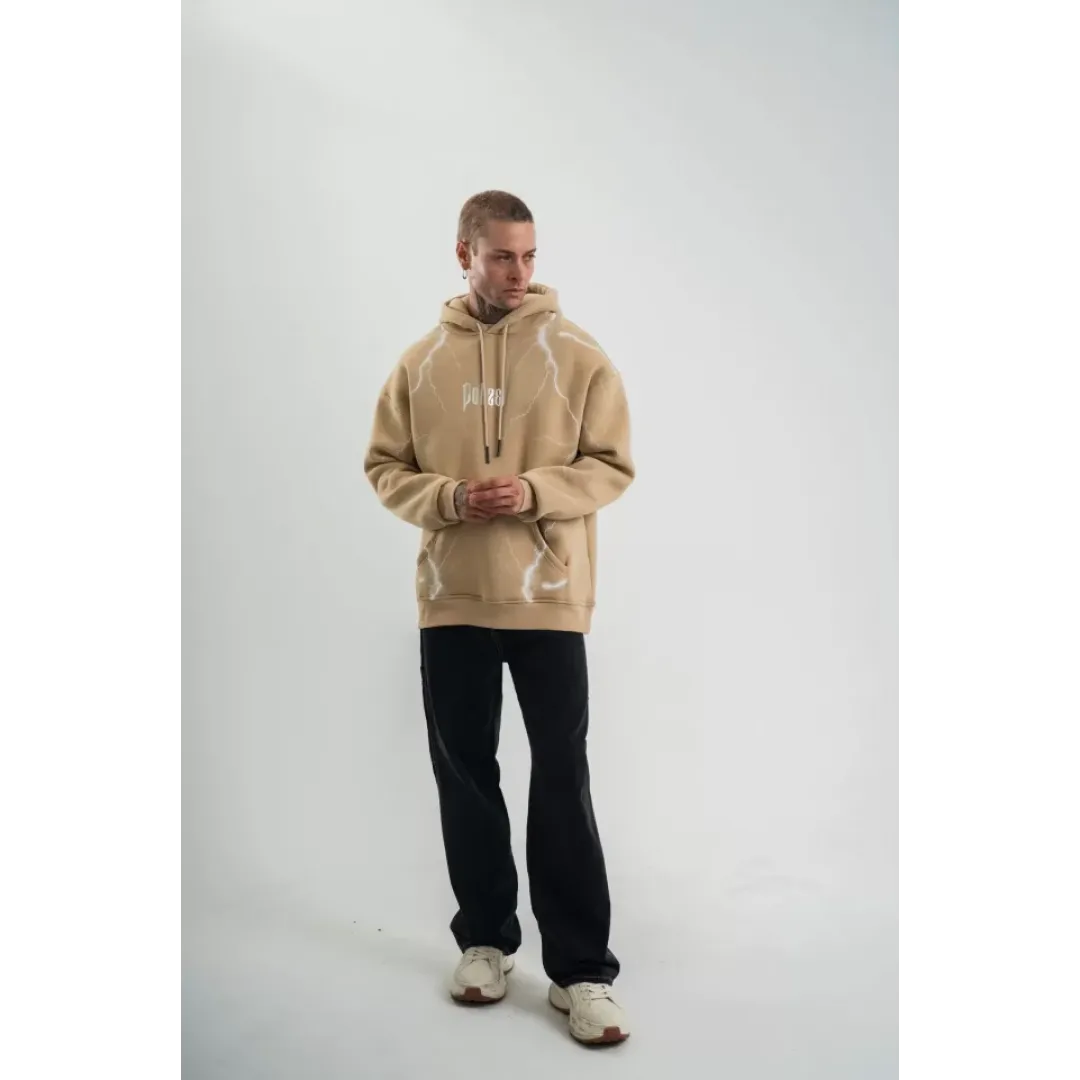 Double Oversize Kapşonlu Şimşek Pano Baskılı SweatShirt - Bej - 129894