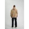 Double Oversize Kapşonlu Şimşek Pano Baskılı SweatShirt - Bej - 129894