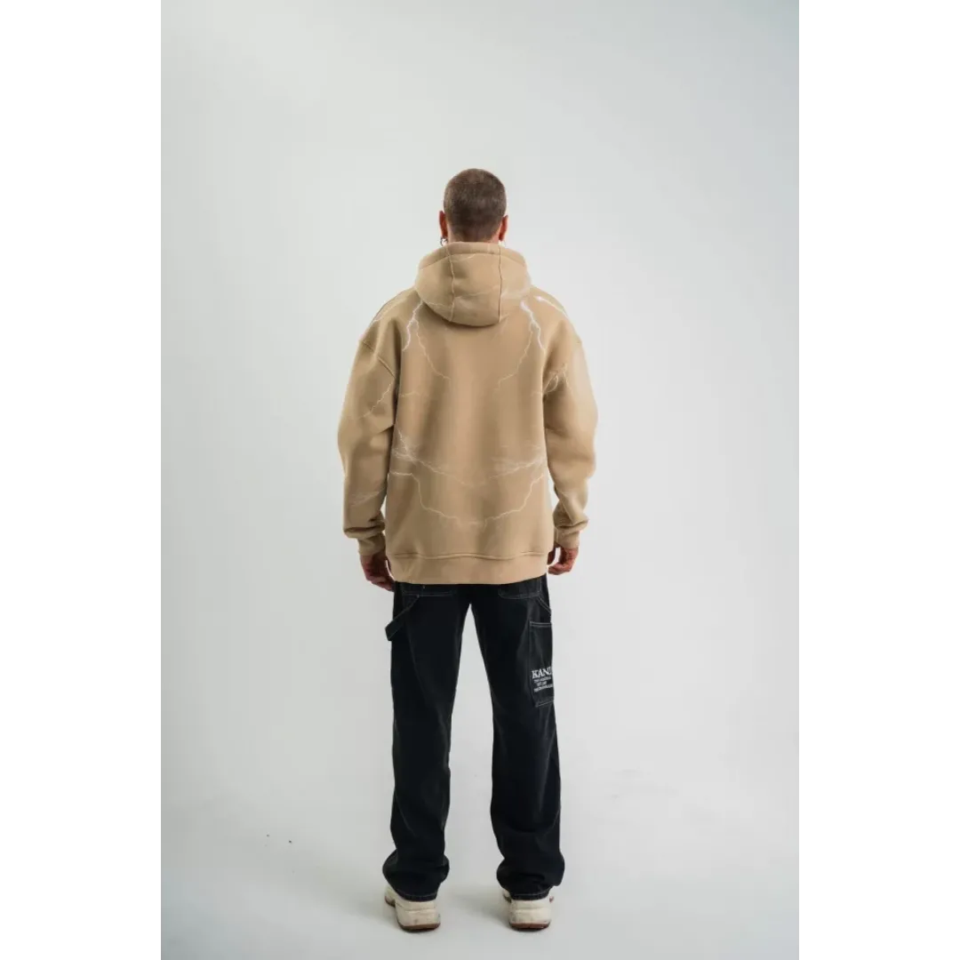 Double Oversize Kapşonlu Şimşek Pano Baskılı SweatShirt - Bej - 129894