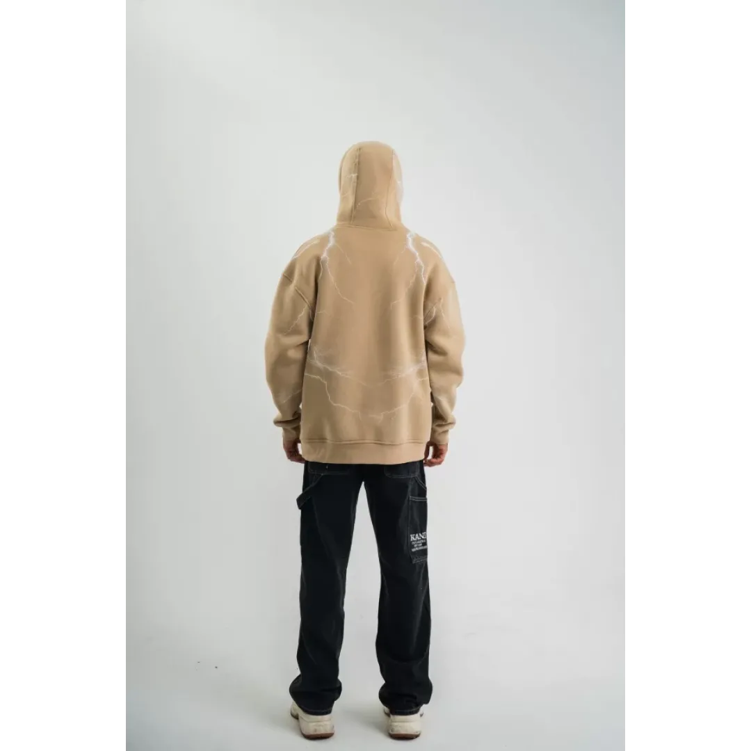 Double Oversize Kapşonlu Şimşek Pano Baskılı SweatShirt - Bej - 129894