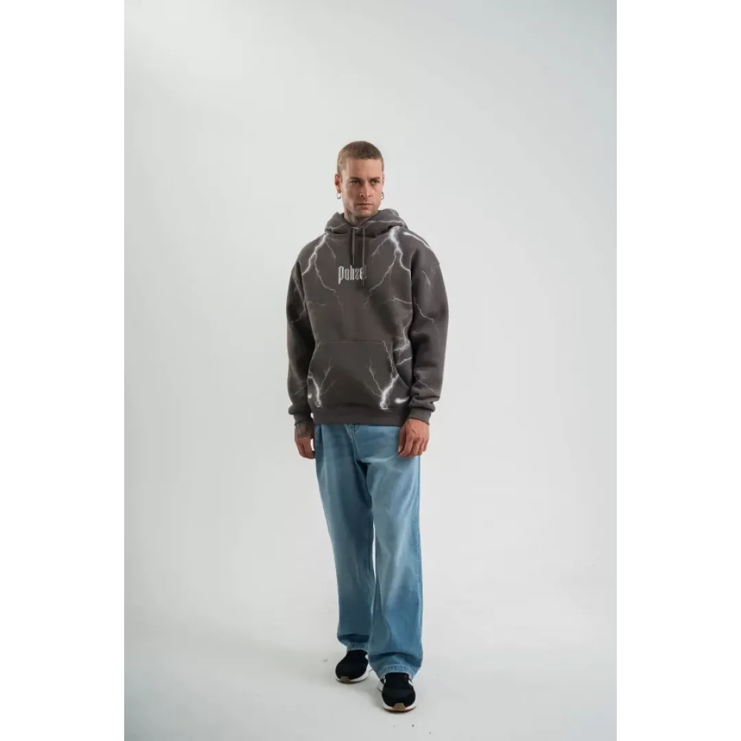 Double Oversize Kapşonlu Şimşek Pano Baskılı SweatShirt - Füme - 129895 Double Oversize Kapşonlu Şimşek Pano Baskılı SweatShirt - Füme - 129895