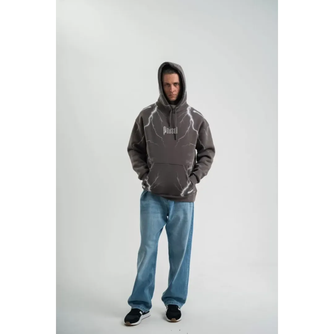 Double Oversize Kapşonlu Şimşek Pano Baskılı SweatShirt - Füme - 129895 Double Oversize Kapşonlu Şimşek Pano Baskılı SweatShirt - Füme - 129895