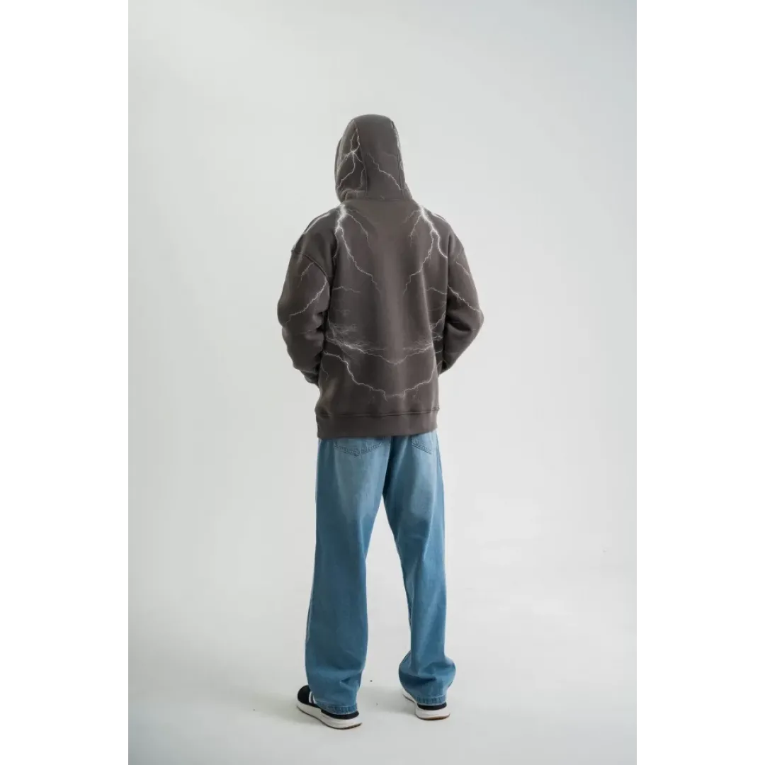 Double Oversize Kapşonlu Şimşek Pano Baskılı SweatShirt - Füme - 129895 Double Oversize Kapşonlu Şimşek Pano Baskılı SweatShirt - Füme - 129895