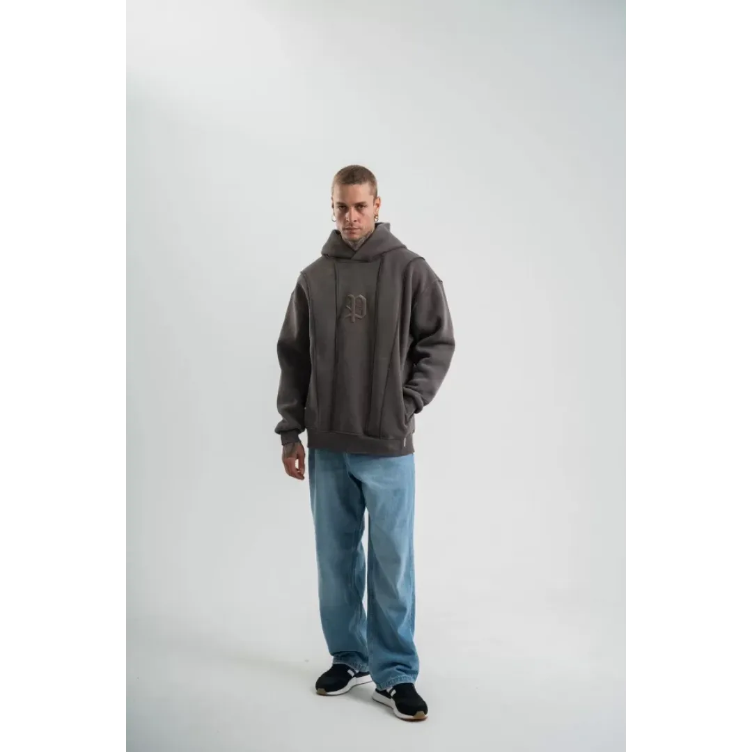 Unisex Uzun Kol Kapşonlu Yıkamalı Nakışlı SweatShirt - Füme - 129965 Unisex Uzun Kol Kapşonlu Yıkamalı Nakışlı SweatShirt - Füme - 129965
