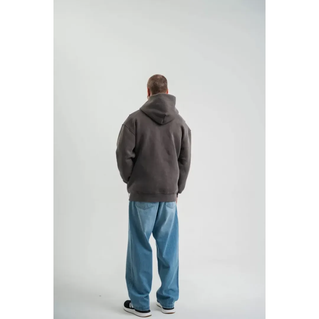 Unisex Uzun Kol Kapşonlu Yıkamalı Nakışlı SweatShirt - Füme - 129965 Unisex Uzun Kol Kapşonlu Yıkamalı Nakışlı SweatShirt - Füme - 129965