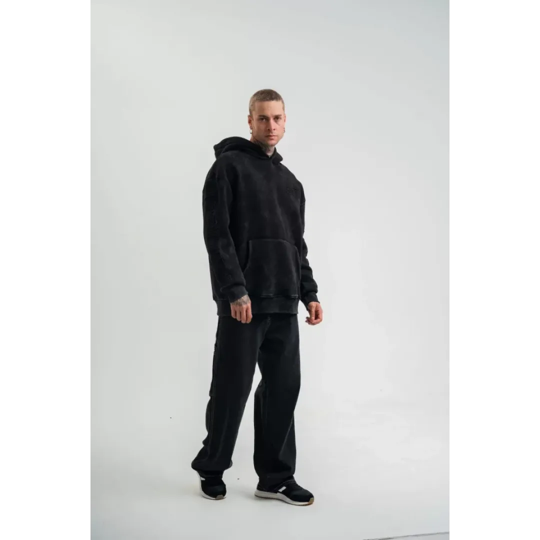 Kapşonlu Double Oversize Yıkamalı Evalı Nakışlı SweatShirt - Siyah - 129973 Kapşonlu Double Oversize Yıkamalı Evalı Nakışlı SweatShirt - Siyah - 129973