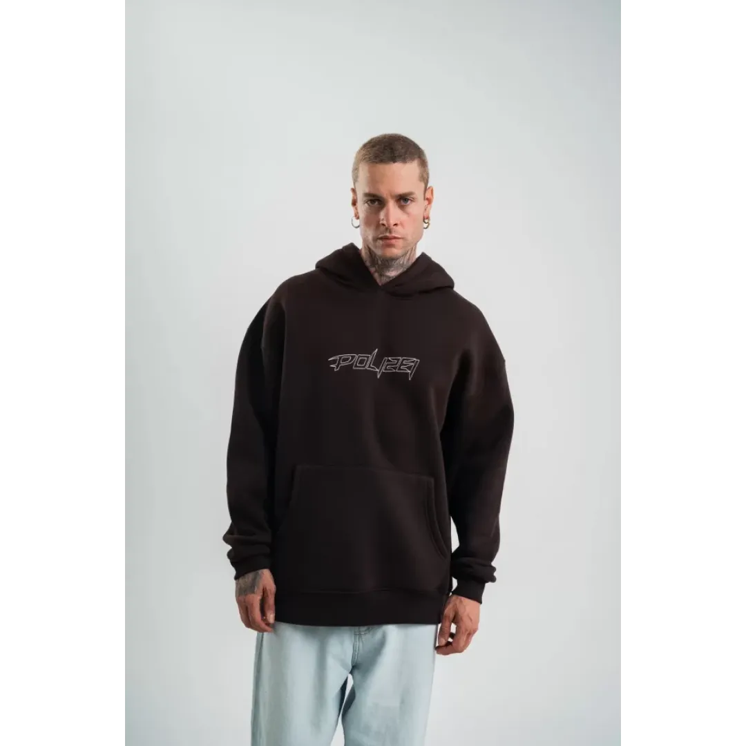 Unisex Üç İplik Kapşonlu Nakışlı SweatShirt - Kahve - 130052