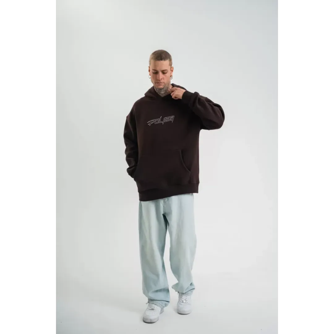 Unisex Üç İplik Kapşonlu Nakışlı SweatShirt - Kahve - 130052