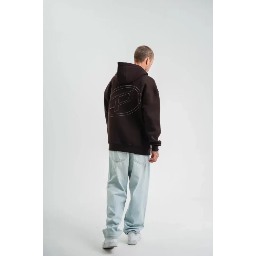 Unisex Üç İplik Kapşonlu Nakışlı SweatShirt - Kahve - 130052
