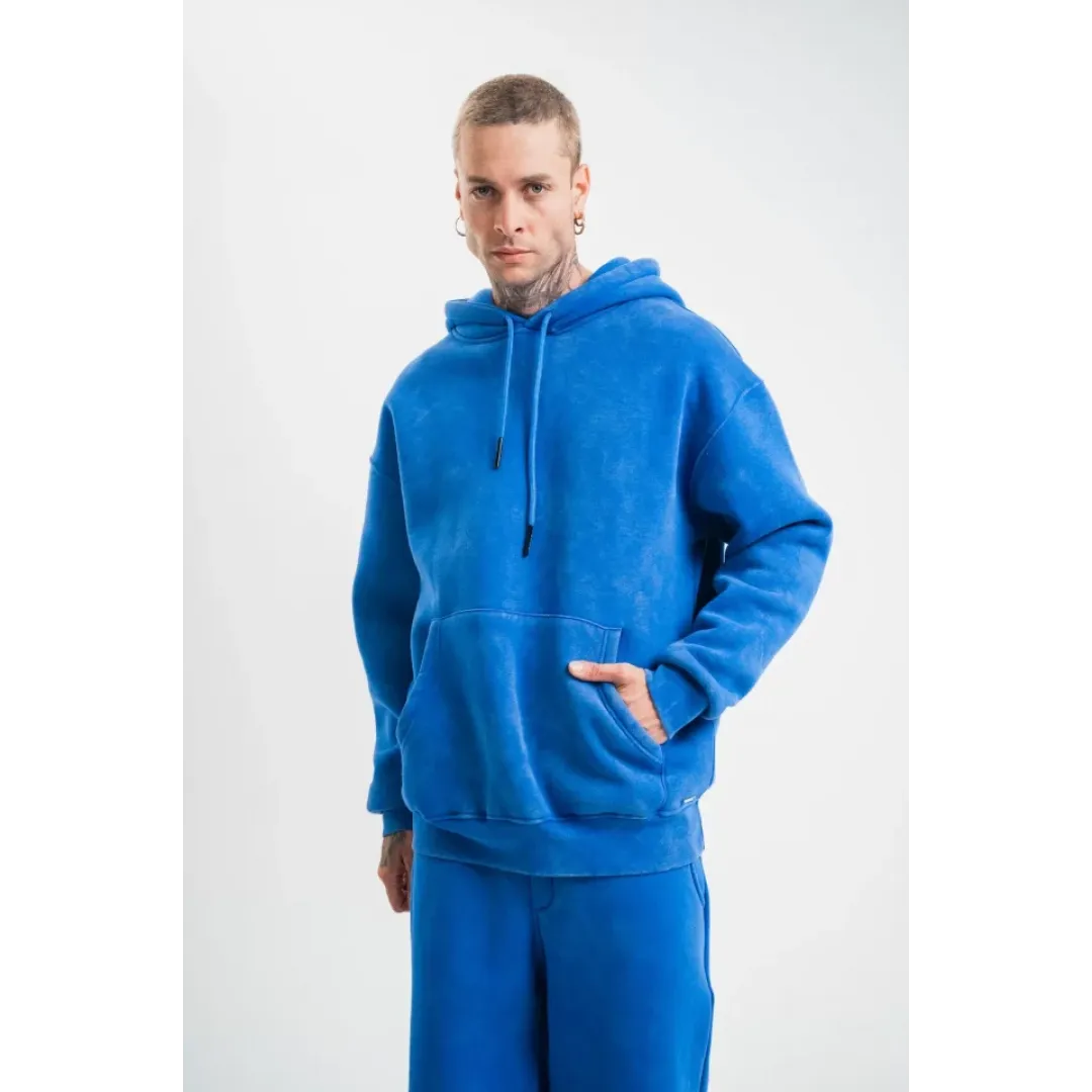 Unisex Double Oversize Kapşonlu Yıkamalı SweatShirt - Mavi - 130422 Unisex Double Oversize Kapşonlu Yıkamalı SweatShirt - Mavi - 130422