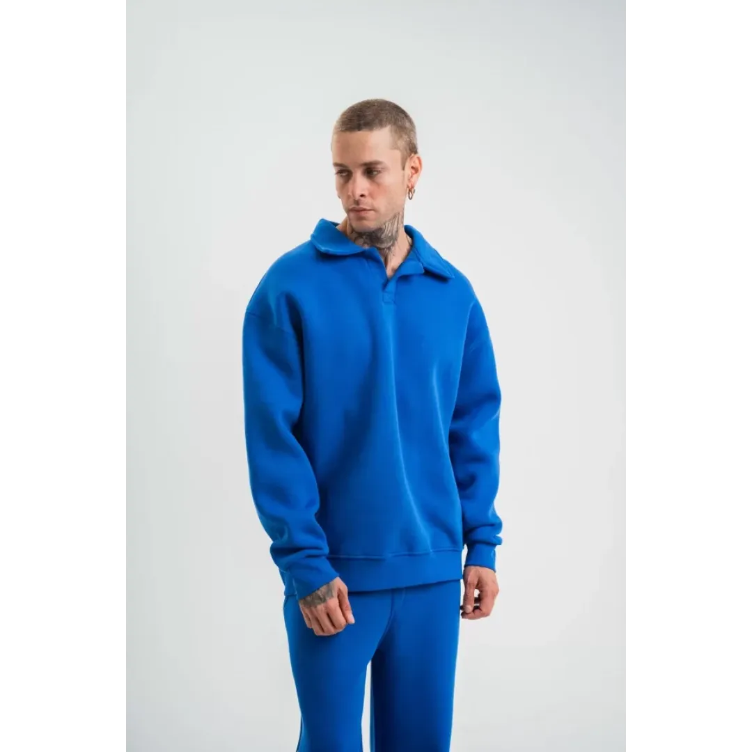 Unisex Double Oversize Patlı Yaka SweatShirt - Mavi - 130453 Unisex Double Oversize Patlı Yaka SweatShirt - Mavi - 130453
