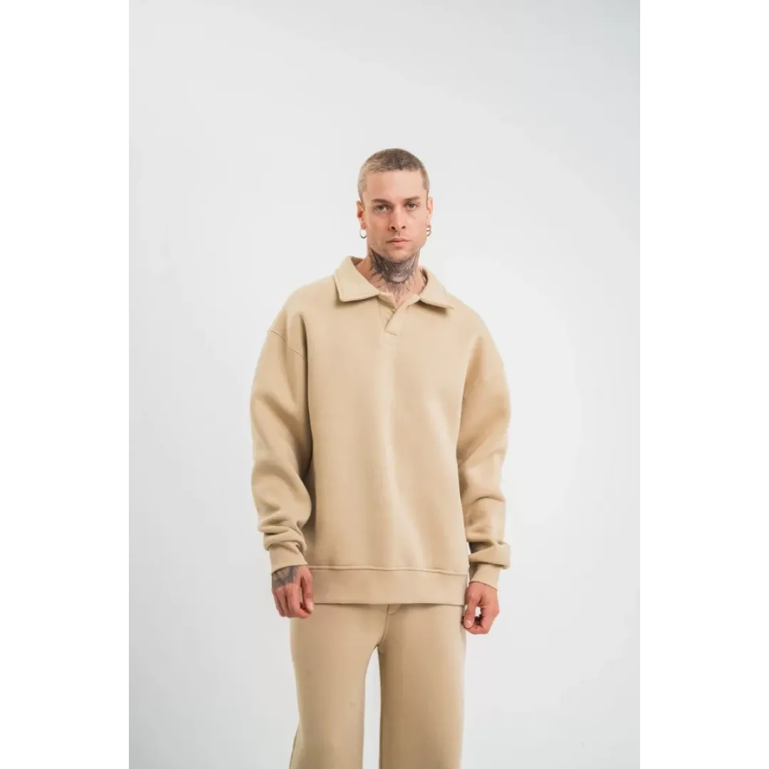 Unisex Double Oversize Patlı Yaka SweatShirt - Bej - 130460 Unisex Double Oversize Patlı Yaka SweatShirt - Bej - 130460