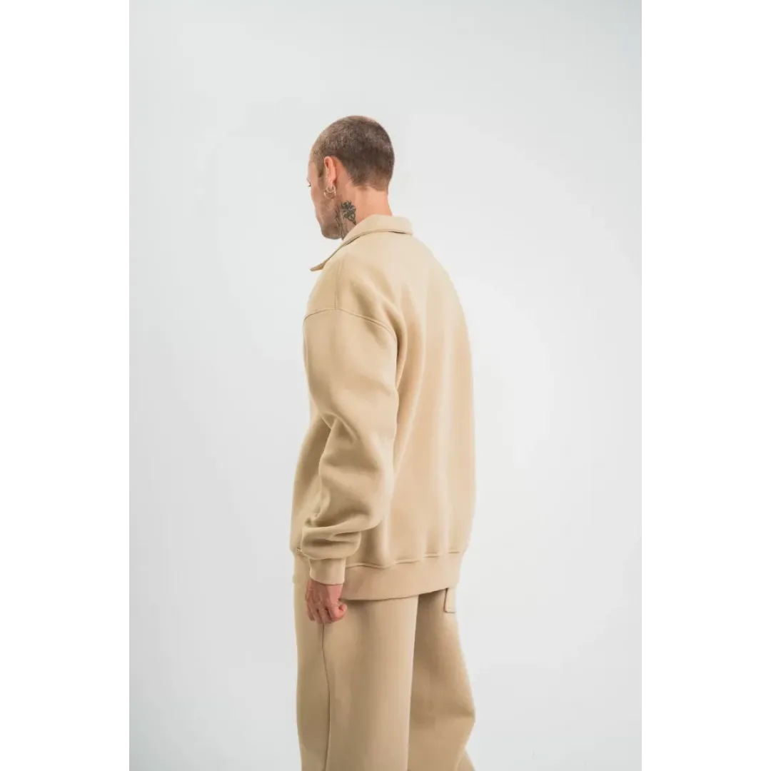 Unisex Double Oversize Patlı Yaka SweatShirt - Bej - 130460 Unisex Double Oversize Patlı Yaka SweatShirt - Bej - 130460