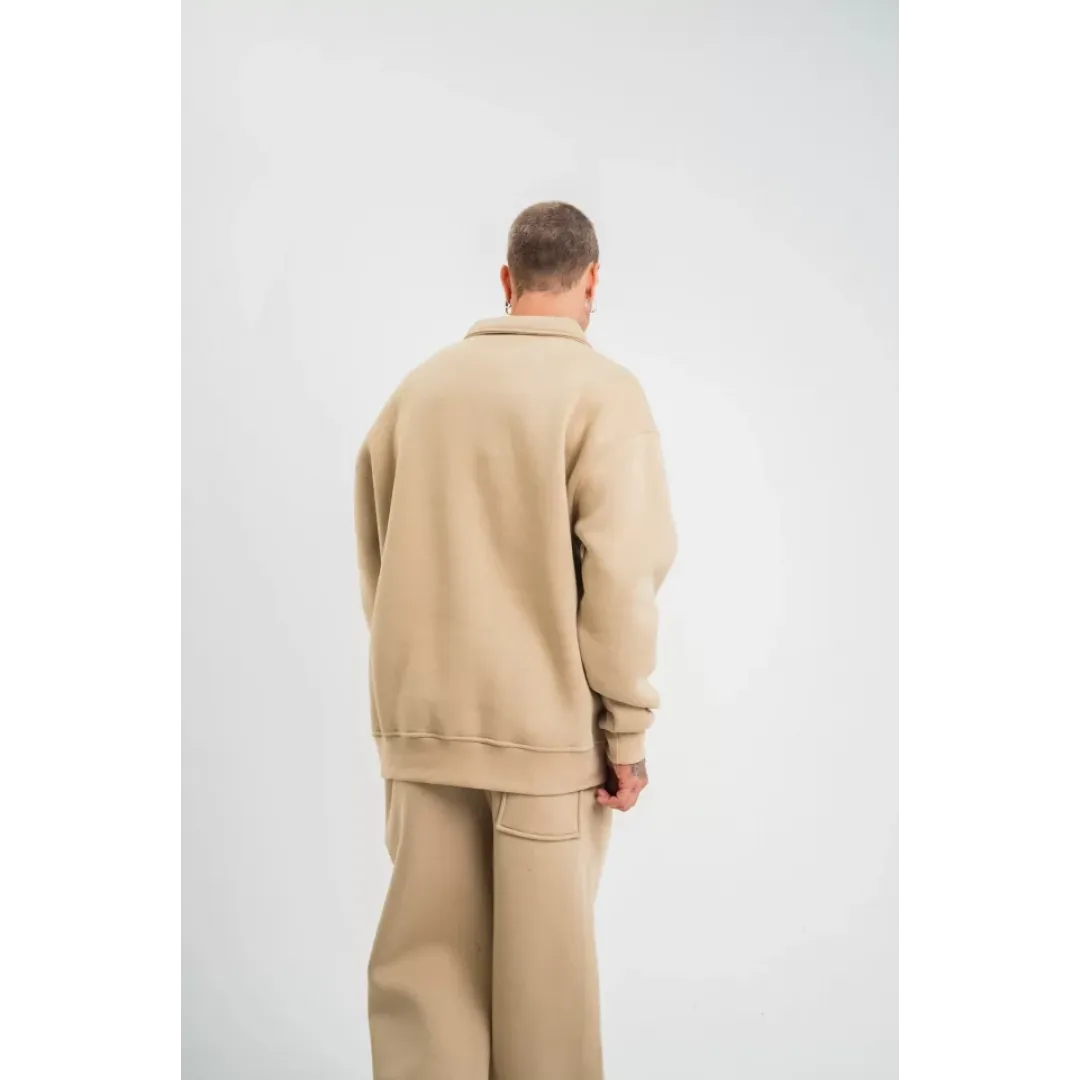 Unisex Double Oversize Patlı Yaka SweatShirt - Bej - 130460 Unisex Double Oversize Patlı Yaka SweatShirt - Bej - 130460