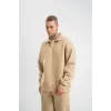Unisex Double Oversize Patlı Yaka SweatShirt - Bej - 130460 Unisex Double Oversize Patlı Yaka SweatShirt - Bej - 130460