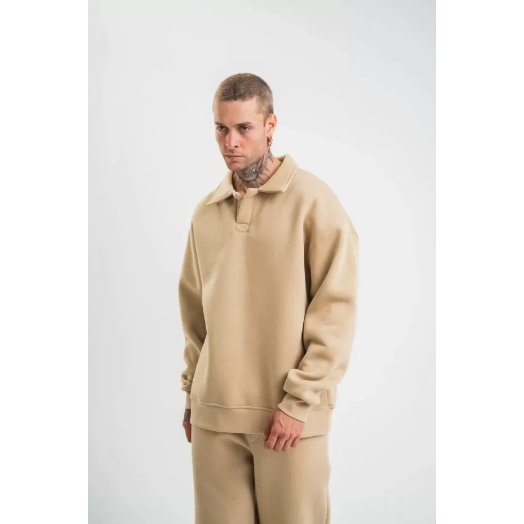 Unisex Double Oversize Patlı Yaka SweatShirt - Bej - 130460 Unisex Double Oversize Patlı Yaka SweatShirt - Bej - 130460