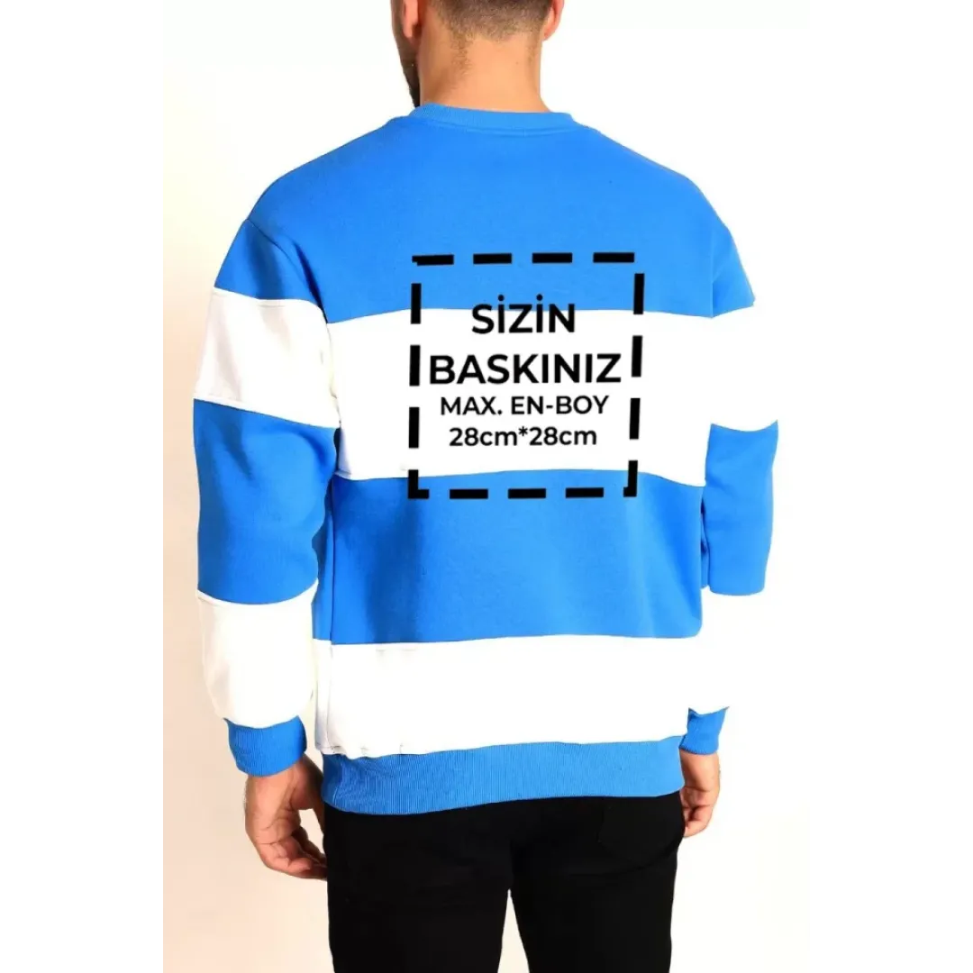 Bisiklet Yaka Parçalı Özel Üretim Sweatshirt- Mavi - 130542 Bisiklet Yaka Parçalı Özel Üretim Sweatshirt- Mavi - 130542