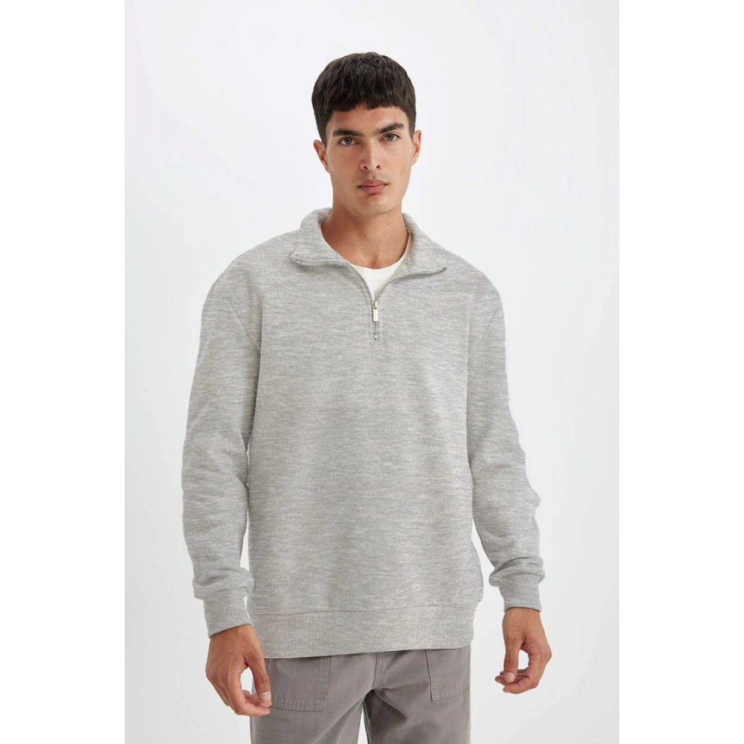 Unisex Uzun Kol Yarım Farmuarlı Yakalı Basic SweatShirt - Gri 130671 Unisex Uzun Kol Yarım Farmuarlı Yakalı Basic SweatShirt - Gri 130671