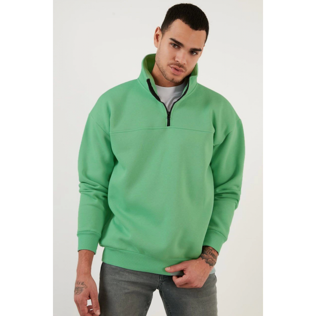 Oversize Yarım Farmuarlı Yakalı Basic SweatShirt - Yeşil