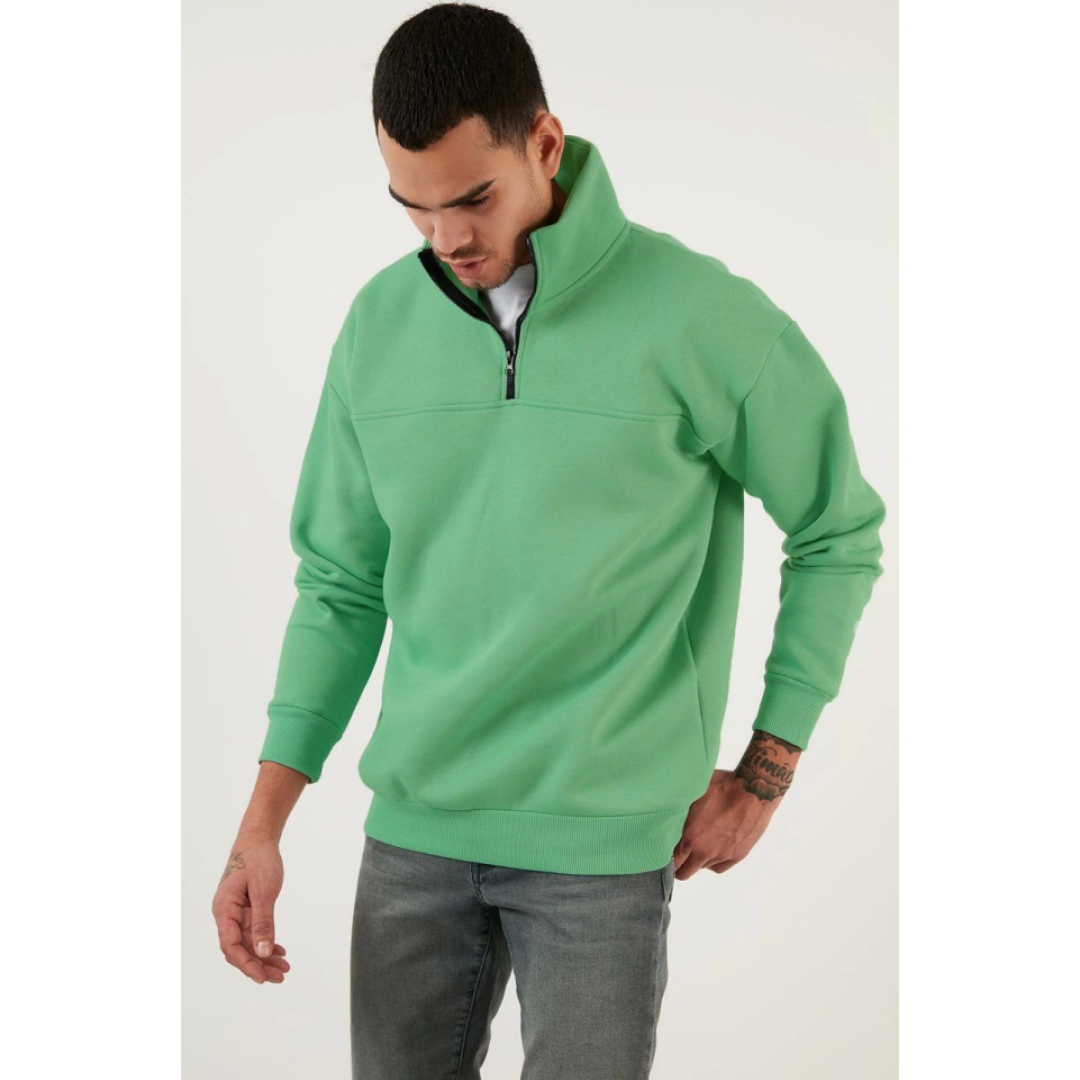 Oversize Yarım Farmuarlı Yakalı Basic SweatShirt - Yeşil 130676