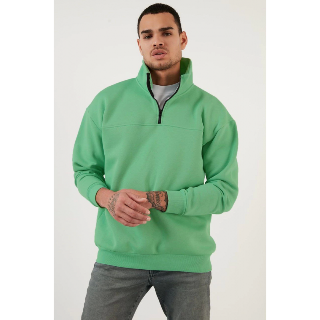 Oversize Yarım Farmuarlı Yakalı Basic SweatShirt - Yeşil 130676