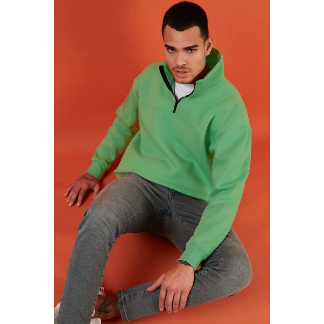 Oversize Yarım Farmuarlı Yakalı Basic SweatShirt - Yeşil 130676