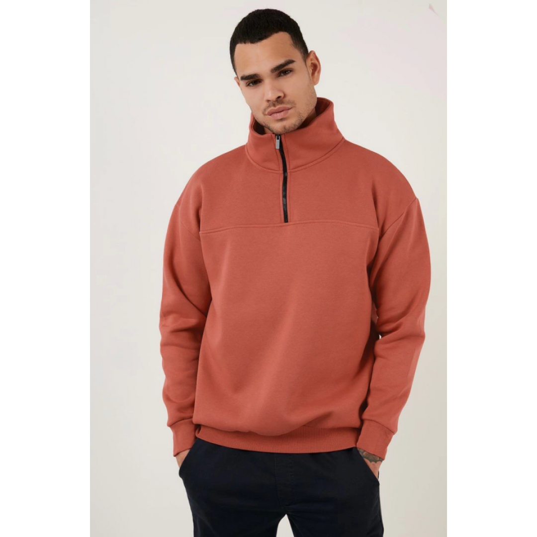 Oversize Yarım Farmuarlı Yakalı Basic SweatShirt - Gül Kurusu 130678