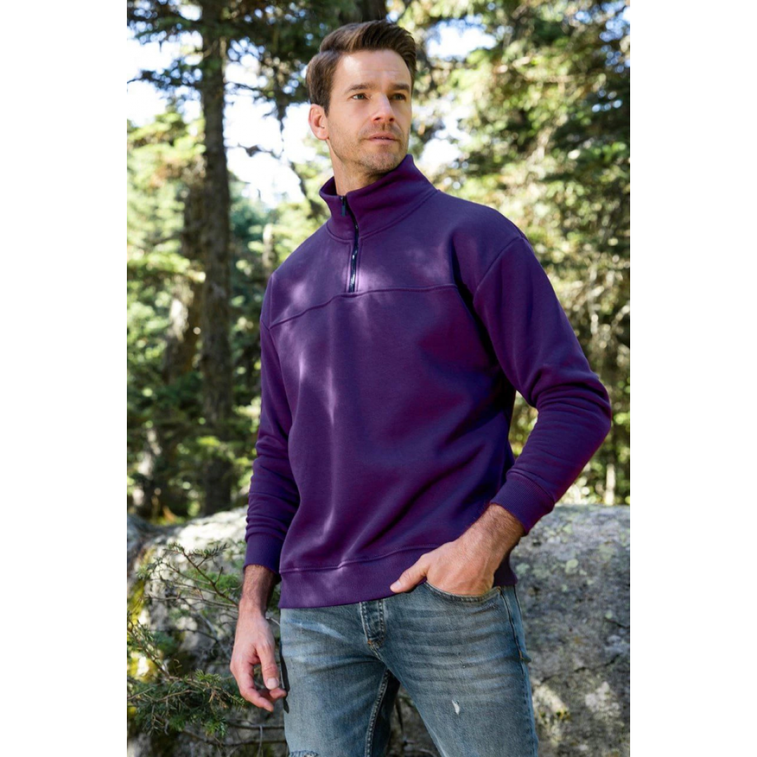 Oversize Yarım Farmuarlı Yakalı Basic SweatShirt - Mor 130679