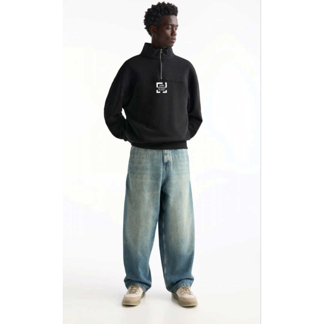 Oversize Yarım Farmuarlı Yakalı Özel Tasarım Basic SweatShirt - Siyah