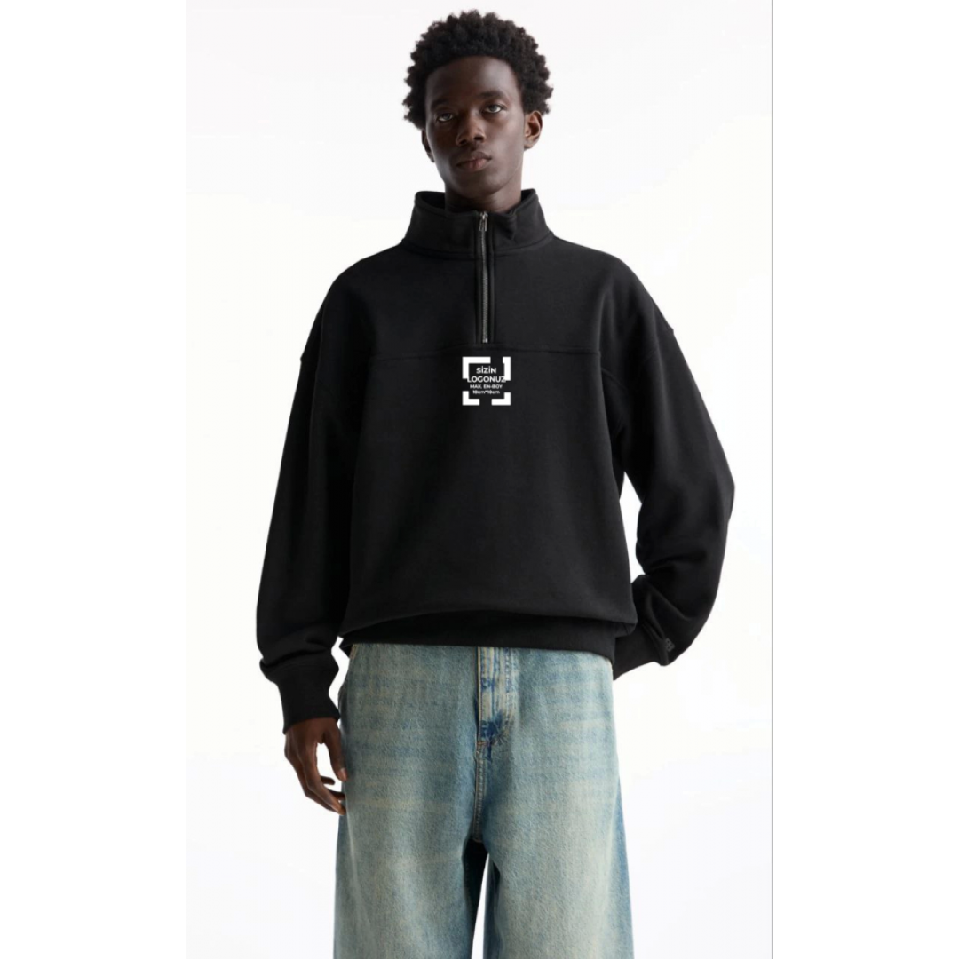 Oversize Yarım Farmuarlı Yakalı Özel Tasarım Basic SweatShirt - Siyah 130749 Oversize Yarım Farmuarlı Yakalı Özel Tasarım Basic SweatShirt - Siyah 130749