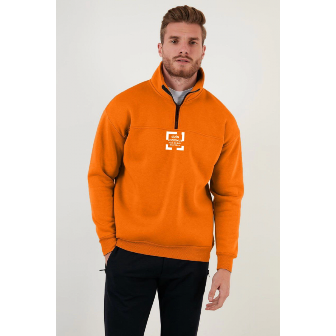Oversize Yarım Farmuarlı Yakalı Özel Tasarım Basic SweatShirt - Turuncu
