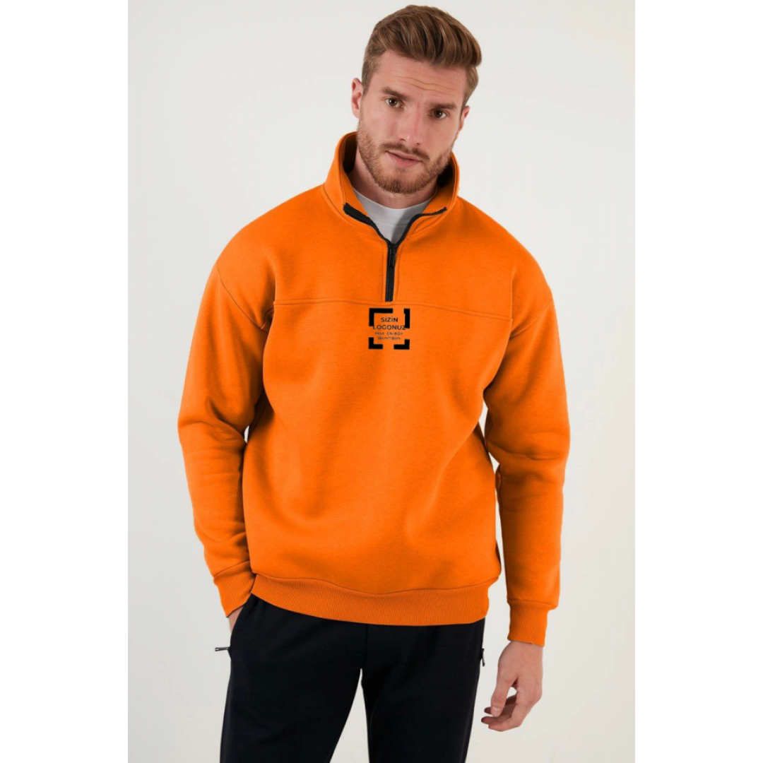 Oversize Yarım Farmuarlı Yakalı Özel Tasarım Basic SweatShirt - Turuncu 130751 Oversize Yarım Farmuarlı Yakalı Özel Tasarım Basic SweatShirt - Turuncu 130751