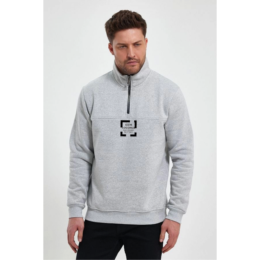 Oversize Yarım Farmuarlı Yakalı Özel Tasarım Basic SweatShirt - Gri