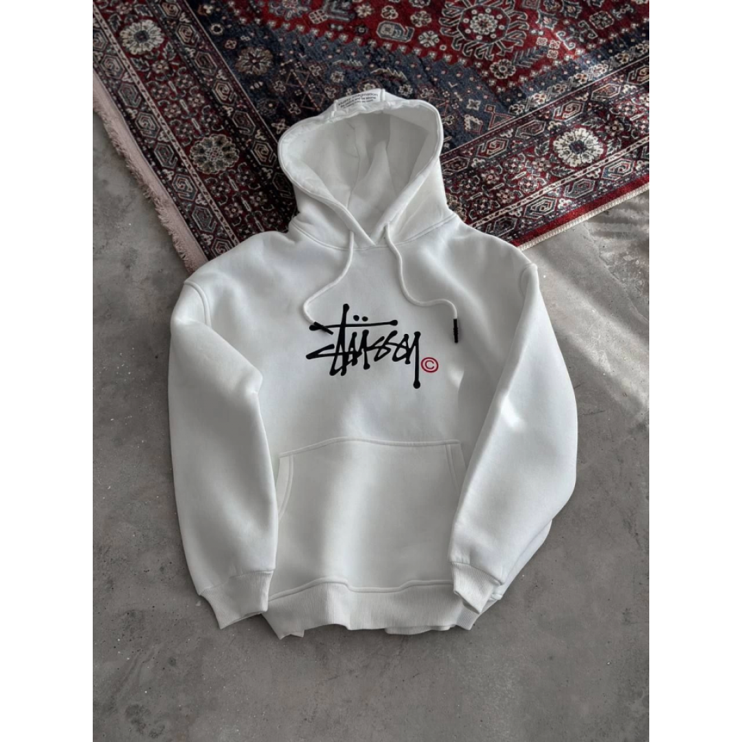 Üç İplik Kapşonlu Baskılı SweatShirt - Beyaz 130909