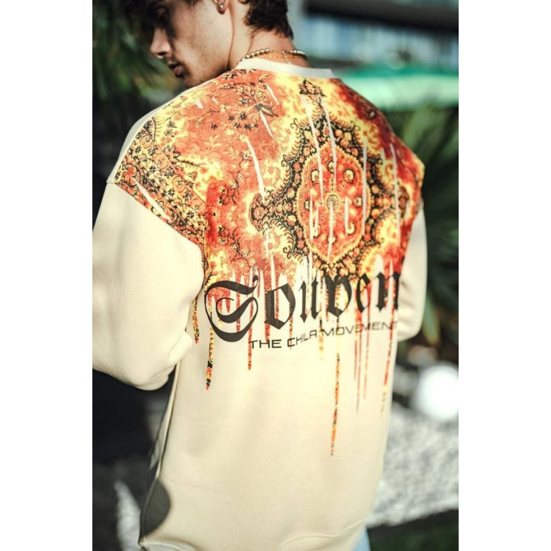 Oversize Bisiklet Yaka Baskılı SweatShirt - Beyaz 131076