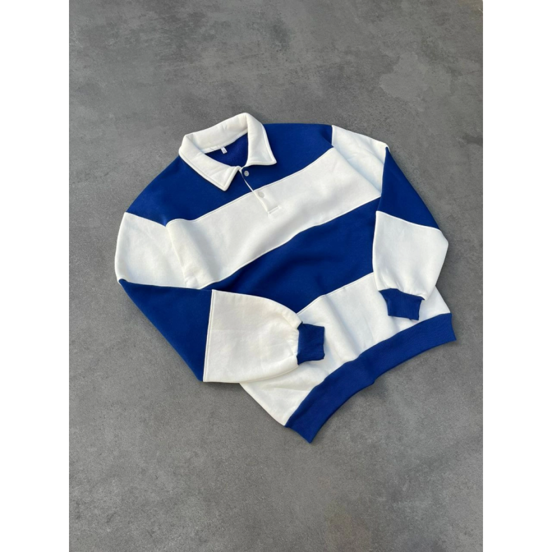 Unisex Üç İplik Parçalı Yakalı SweatShirt - Mavi 131079