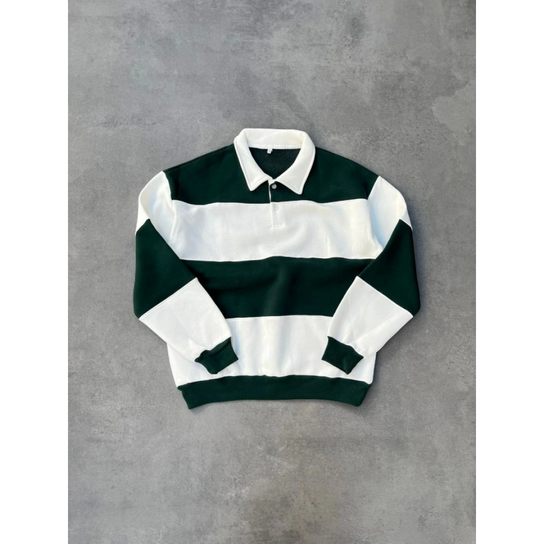 Unisex Üç İplik Parçalı Yakalı SweatShirt - Yeşil 131080