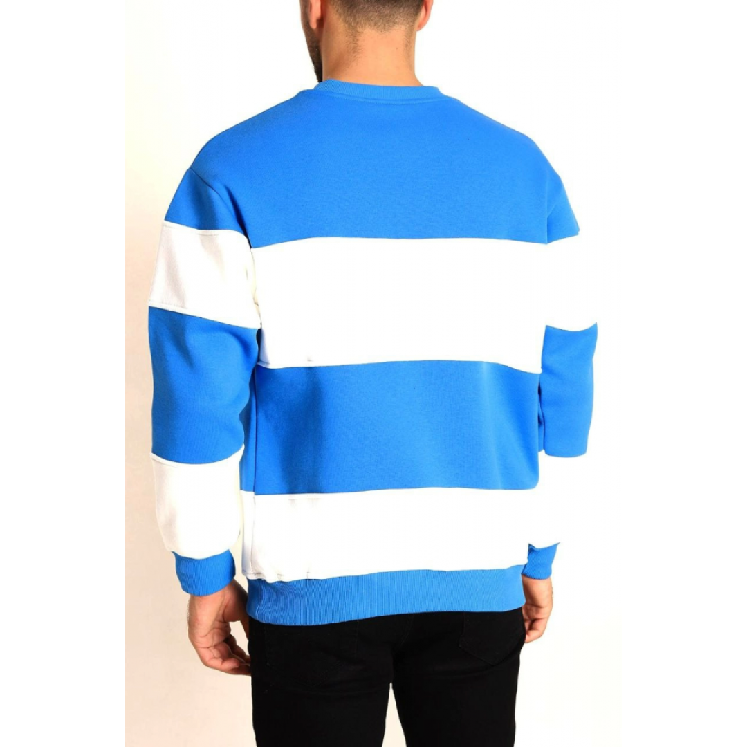 Parçalı Bisiklet Yaka Baskılı SweatShirt - Mavi 131086