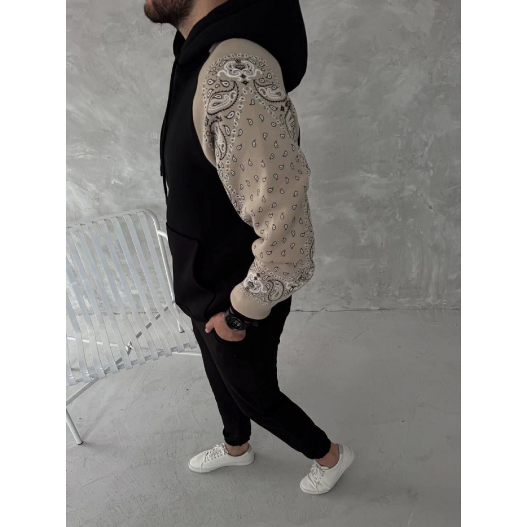 Üç İplik Penye Kapşonlu Parçalı SweatShirt - Siyah 131106