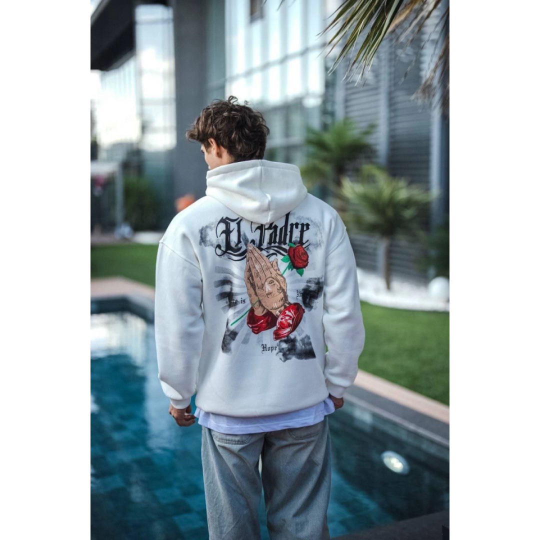 Üç İplik Penye Kapşonlu Baskılı SweatShirt - Beyaz - 131234 Üç İplik Penye Kapşonlu Baskılı SweatShirt - Beyaz - 131234