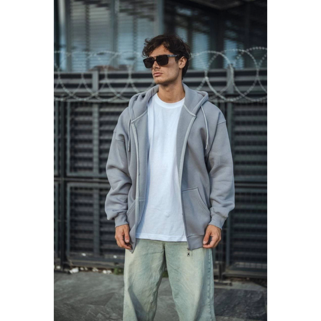 Oversize Tam Fermuarlı Uzun Kol Hırka - Gri 131251 Oversize Tam Fermuarlı Uzun Kol Hırka - Gri 131251