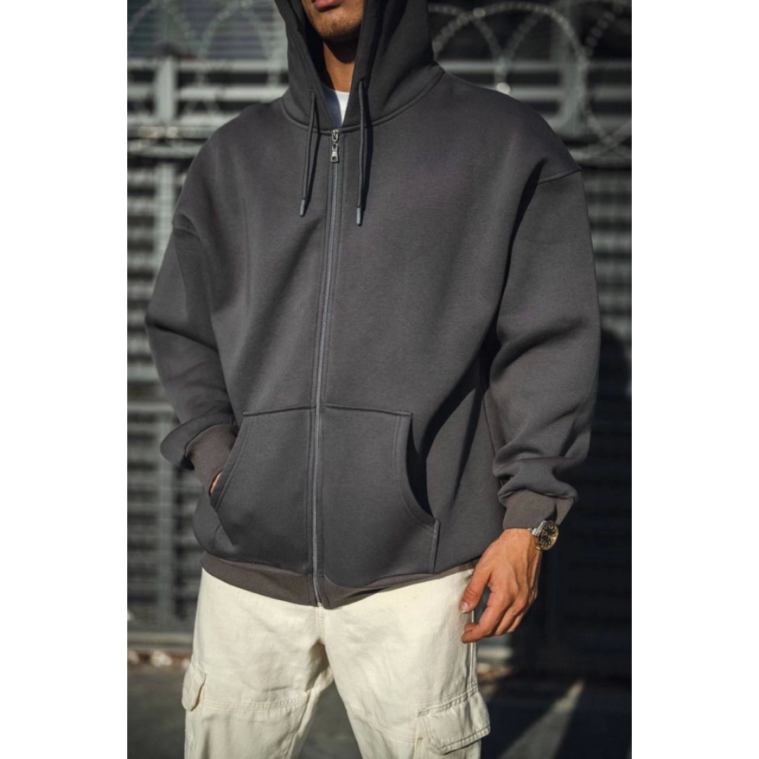 Oversize Tam Fermuarlı Uzun Kol Hırka - Füme 131346