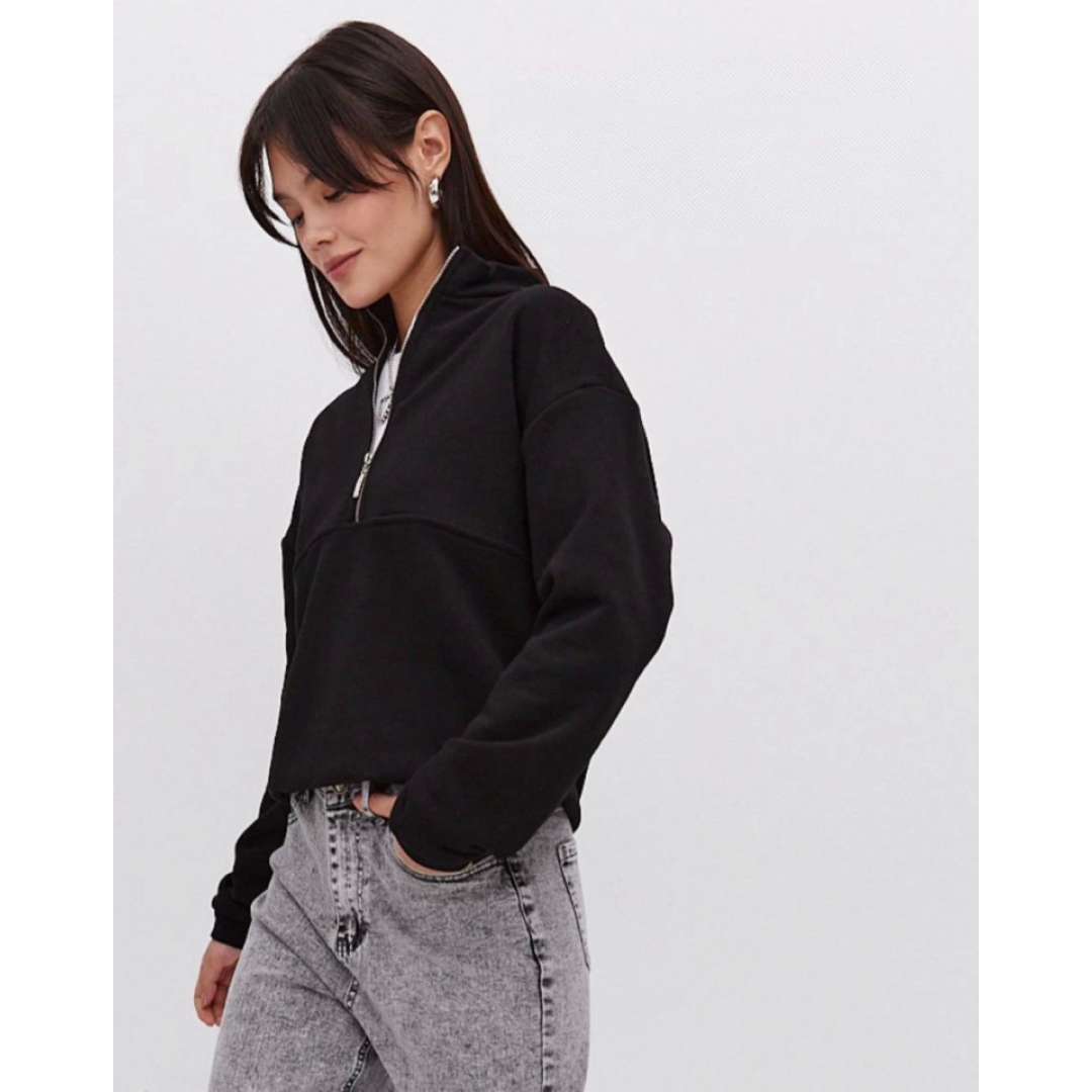 Oversize Yarım Farmuarlı Yakalı Basic SweatShirt - Siyah 131431 Oversize Yarım Farmuarlı Yakalı Basic SweatShirt - Siyah 131431