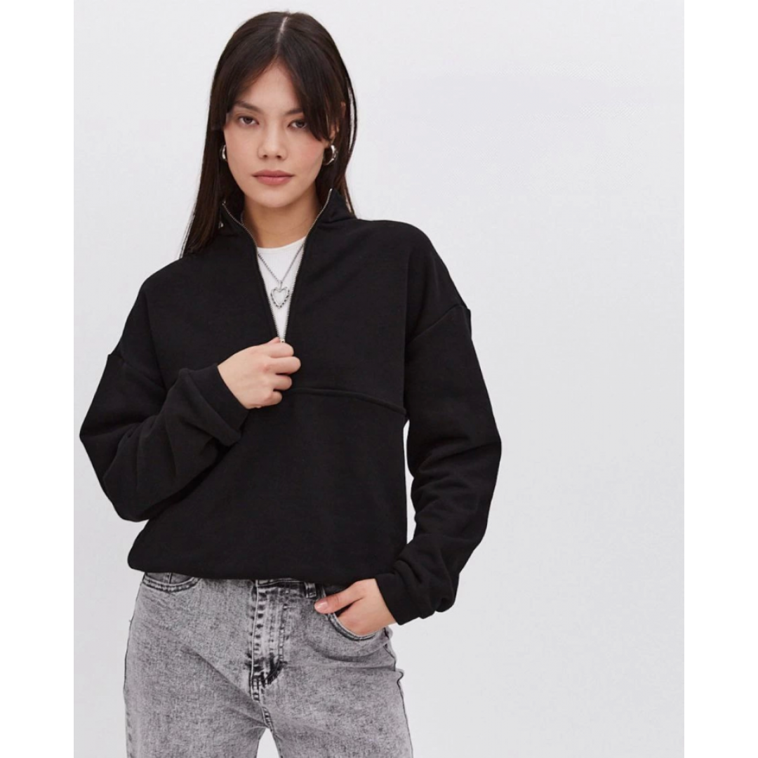 Oversize Yarım Farmuarlı Yakalı Basic SweatShirt - Siyah 131431 Oversize Yarım Farmuarlı Yakalı Basic SweatShirt - Siyah 131431