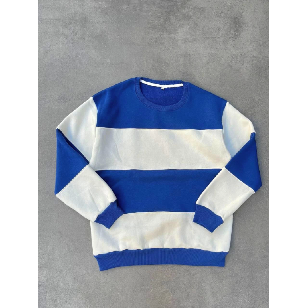 Parçalı Bisiklet Yaka Baskılı SweatShirt - Mavi 131539