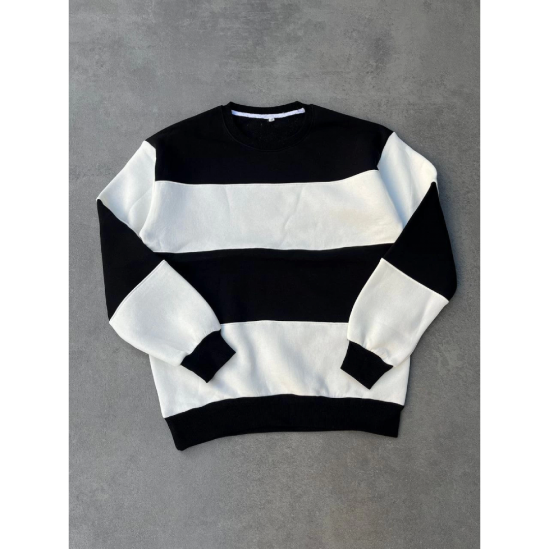 Parçalı Bisiklet Yaka Baskılı SweatShirt - Siyah 131540