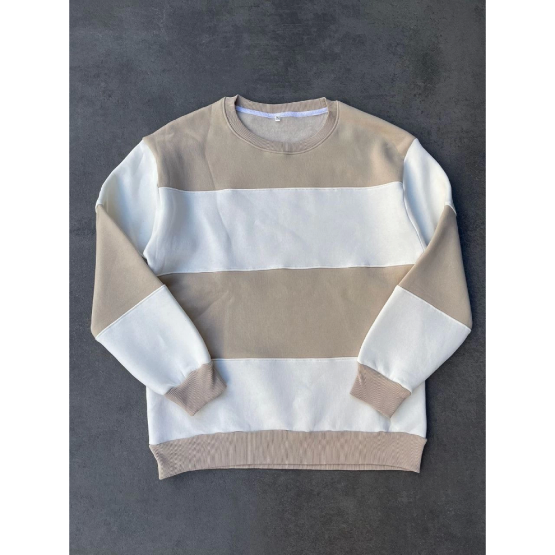 Parçalı Bisiklet Yaka Baskılı SweatShirt - Bej 131541