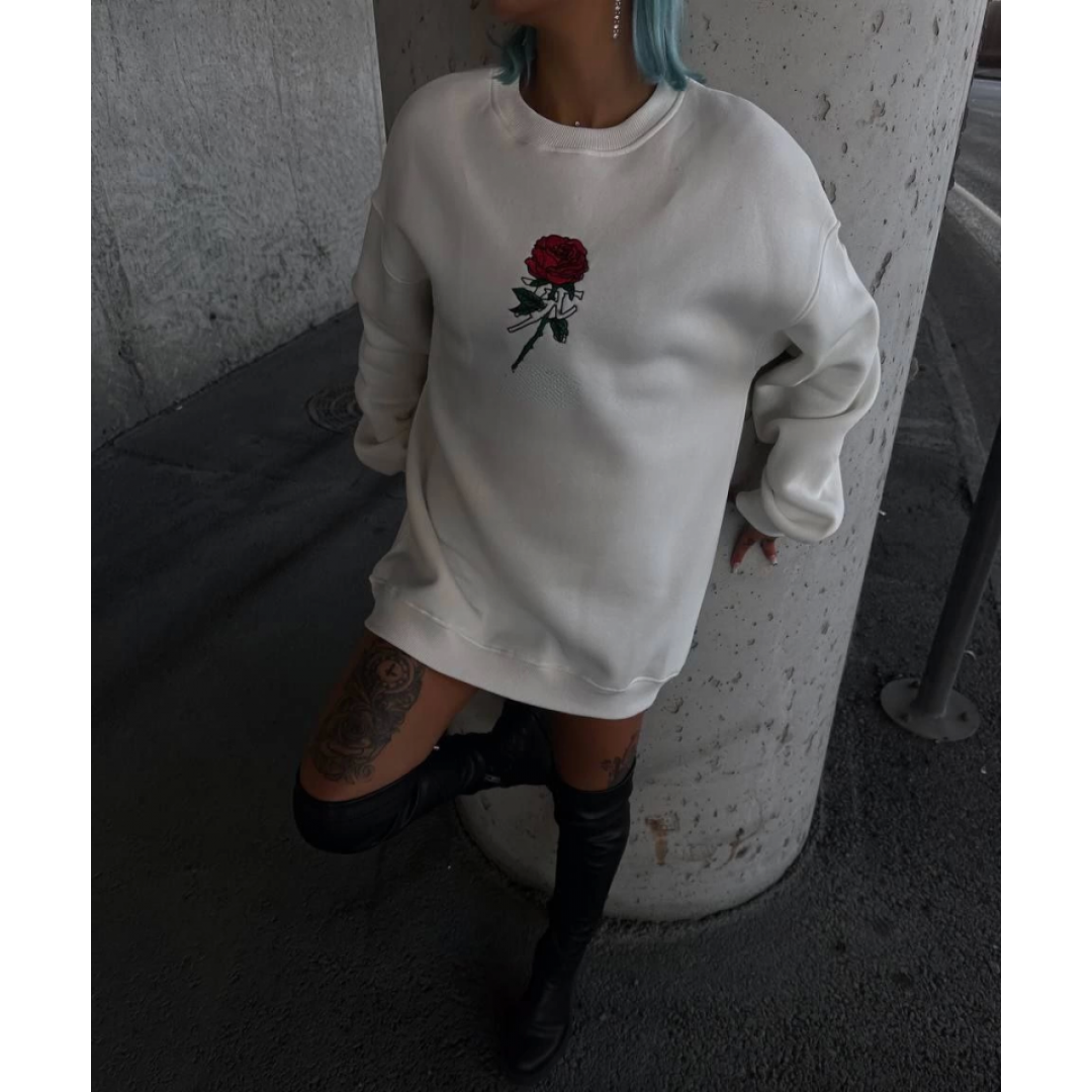 Oversize Üç İplik Bisiklet Yaka Baskılı SweatShirt - Beyaz 131575