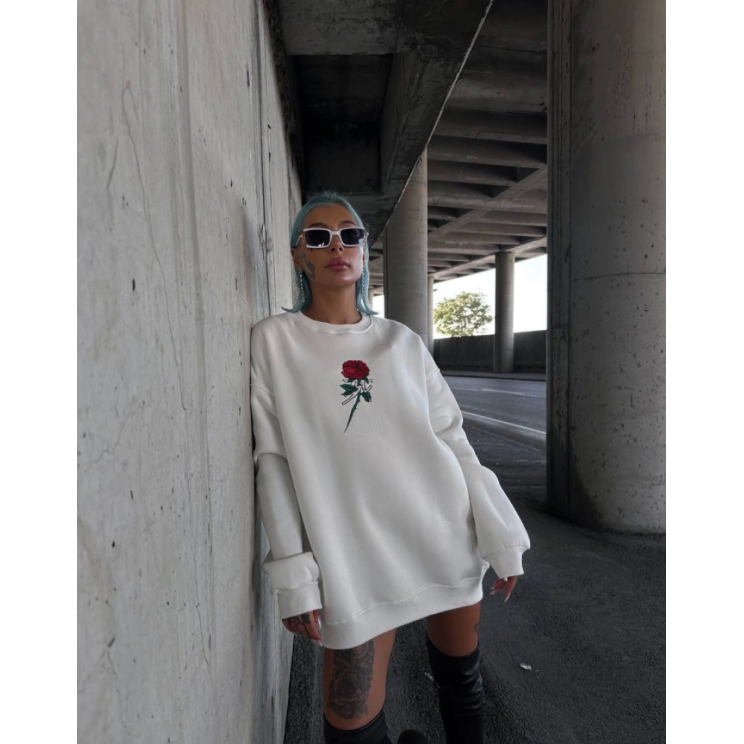 Oversize Üç İplik Bisiklet Yaka Baskılı SweatShirt - Beyaz 131575